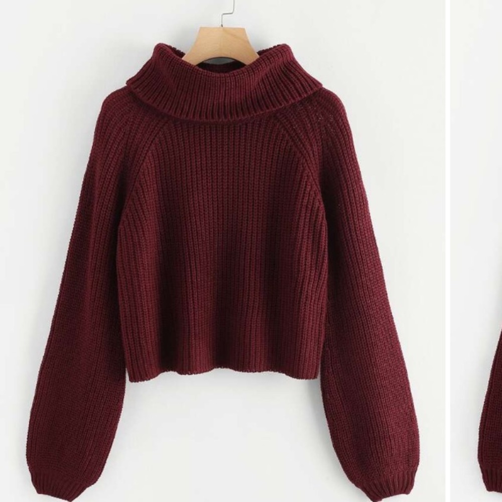Burgundy cowl neck sweater with puff sleeves